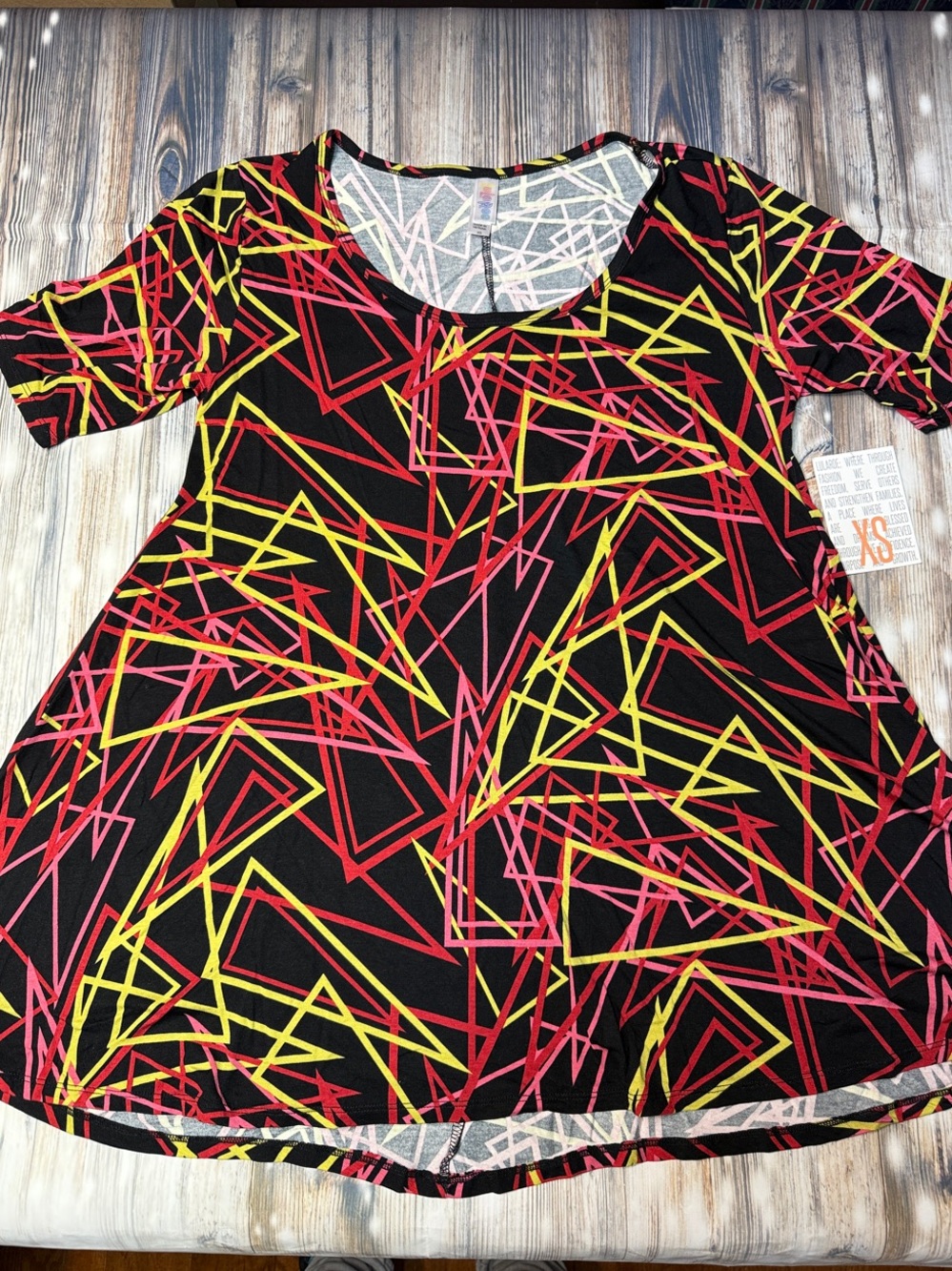 LuLaRoe Perfect size XS Black Tunic with Red & Yellow Geometric Lines